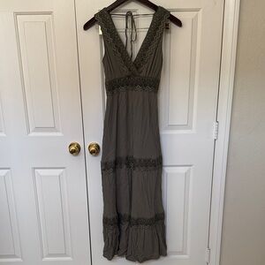 Shinestar Olive Green V-Neck Maxi Dress with Lace Trim
